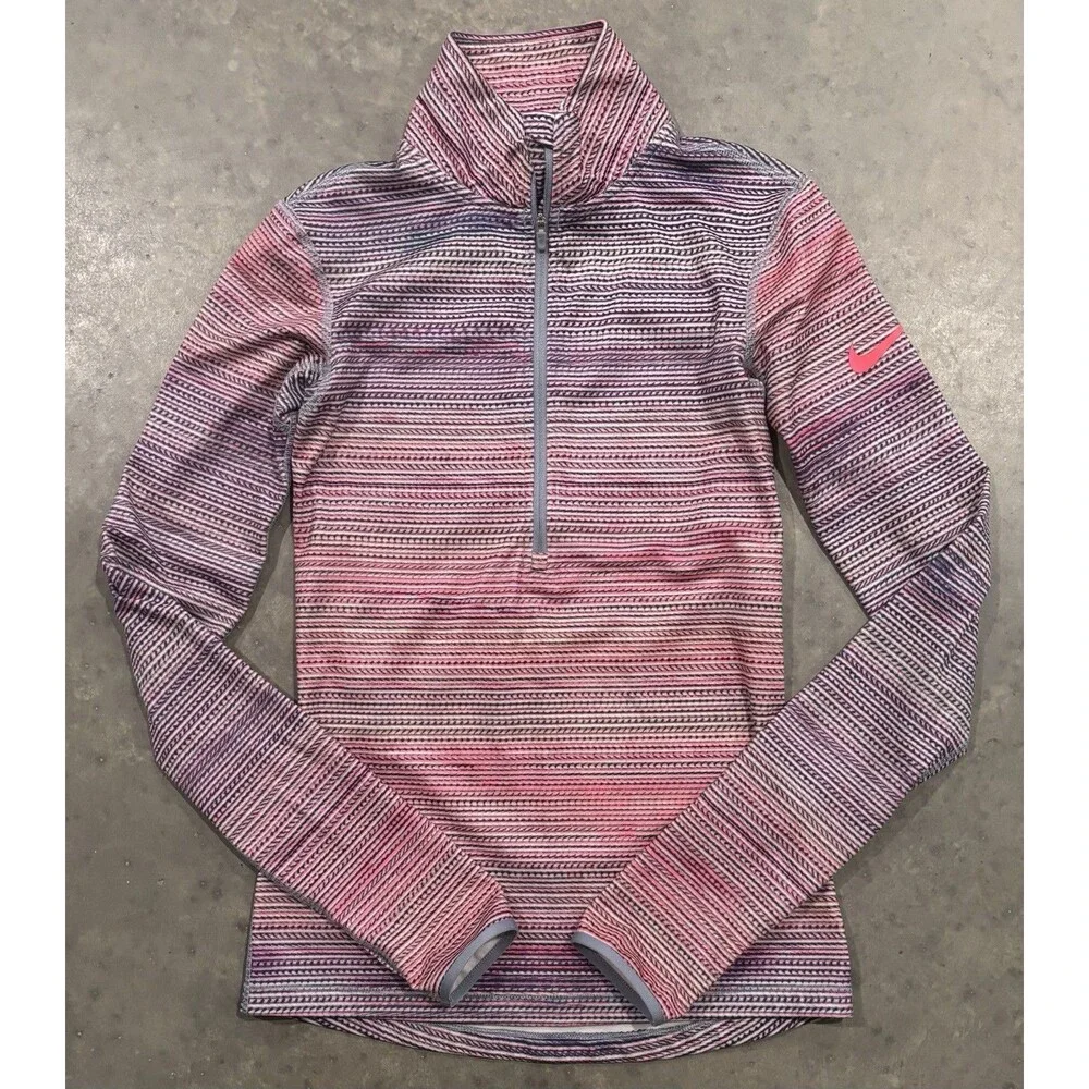 Nike Dri Fit Women XS 1/2 Zip Long Sleeve Pullover Top Pink Thumb Holes